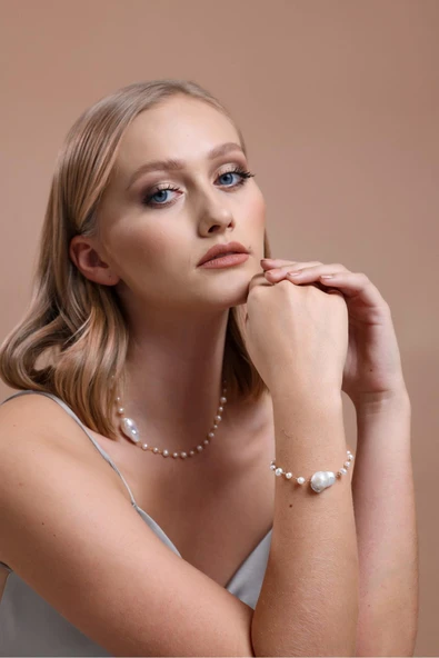 12,5 mm Barok Doğal İnci Kolye Bileklik İkili Set - 4