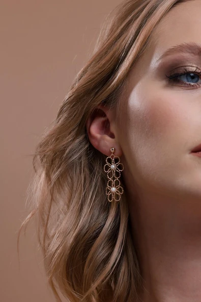 5,5 mm Çiçek Desenli Doğal İncili Küpe Kolye Bileklik Üçlü Set - 4