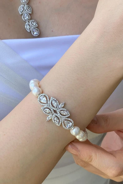 Kadın Doğal İnci Küpe Kolye Bileklik Üçlü Set - 4
