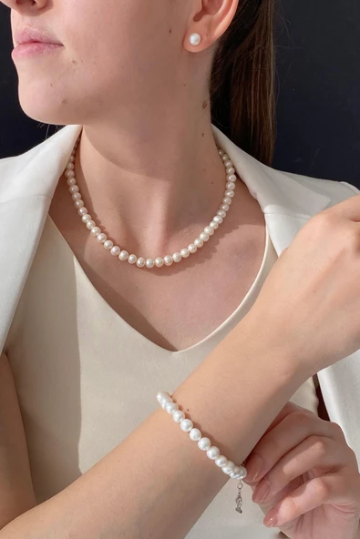 8,5 mm Sıralı Doğal İnci Küpe Kolye Bileklik Üçlü Set - 2