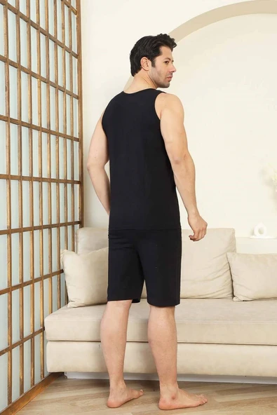 Erkek Bisiklet Yaka Düğmesiz %100 Pamuk Atlet Sporcu Kol Cepli Şortlu Pijama Takımı - 6