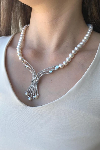 7,5 mm Kadın Zirkon Taşlı Doğal İnci Küpe Kolye İkili Set - 2