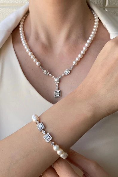 7,5 mm Kadın Baget Doğal İnci Kolye Bileklik İkili Set - 2