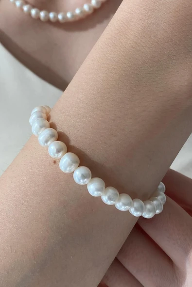 8,5 mm Sıralı Doğal İnci Küpe Kolye Bileklik Üçlü Set - 4