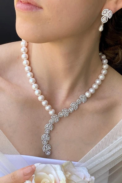 7,5 mm Kadın Zirkon Taşlı Doğal İnci Küpe Kolye İkili Set - 2