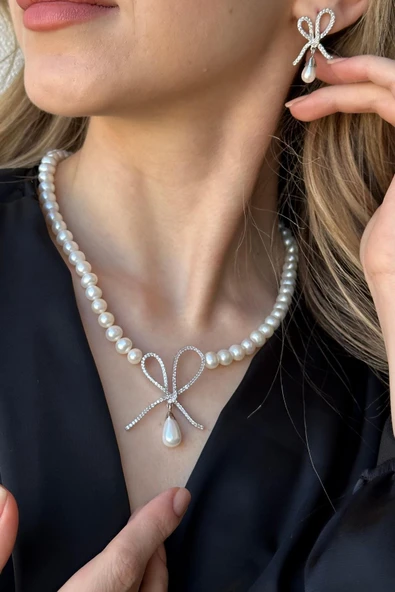 7,5 mm Fiyonklu Damla Sallantılı Doğal İnci Küpe Kolye İkili Set - 2