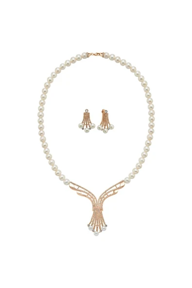 7,5 mm Kadın Zirkon Taşlı Doğal İnci Küpe Kolye İkili Set - 7