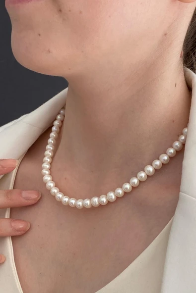 8,5 mm Sıralı Doğal İnci Küpe Kolye Bileklik Üçlü Set - 3