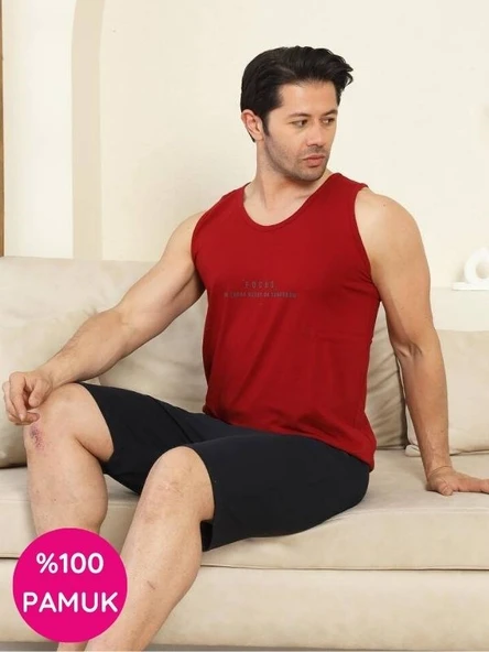 Erkek Bisiklet Yaka Düğmesiz %100 Pamuk Atlet Sporcu Kol Cepli Şortlu Pijama Takımı - 2