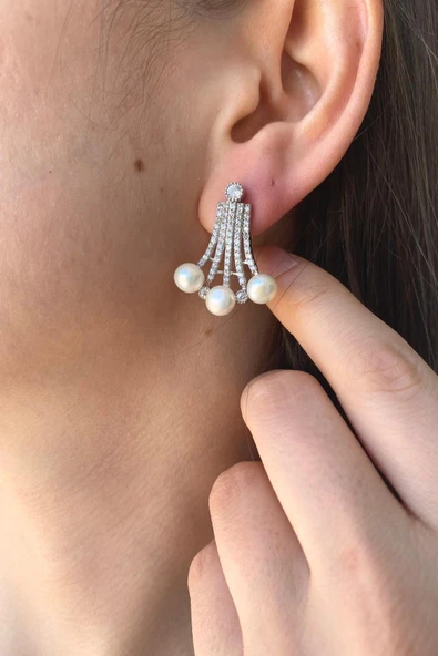 7,5 mm Kadın Zirkon Taşlı Doğal İnci Küpe Kolye İkili Set - 4