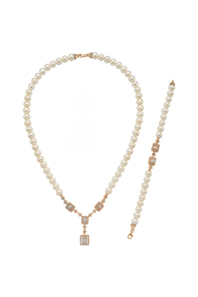 7,5 mm Kadın Baget Doğal İnci Kolye Bileklik İkili Set - 7