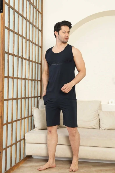 Erkek Bisiklet Yaka Düğmesiz %100 Pamuk Atlet Sporcu Kol Cepli Şortlu Pijama Takımı - 12