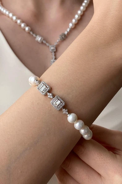 7,5 mm Kadın Baget Doğal İnci Kolye Bileklik İkili Set - 4