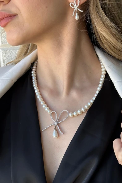 7,5 mm Fiyonklu Damla Sallantılı Doğal İnci Küpe Kolye İkili Set - 5