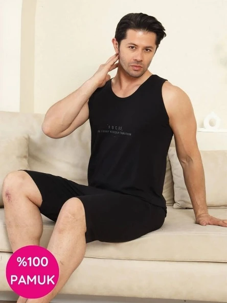 Erkek Bisiklet Yaka Düğmesiz %100 Pamuk Atlet Sporcu Kol Cepli Şortlu Pijama Takımı - 3