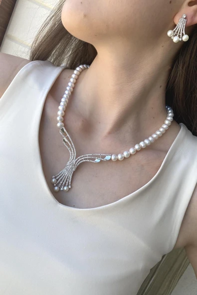 7,5 mm Kadın Zirkon Taşlı Doğal İnci Küpe Kolye İkili Set - 5