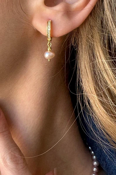 6,5 mm Zirkon Taşlı Dorika Toplu Multicolor Doğal İnci Küpe - Resim 3