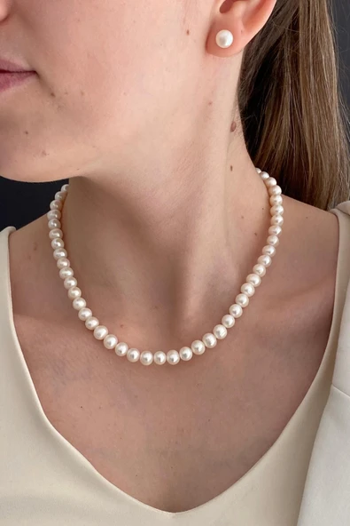 8,5 mm Sıralı Doğal İnci Küpe Kolye İkili Set - 2