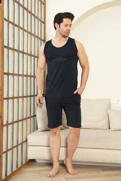 Erkek Bisiklet Yaka Düğmesiz %100 Pamuk Atlet Sporcu Kol Cepli Şortlu Pijama Takımı - 11