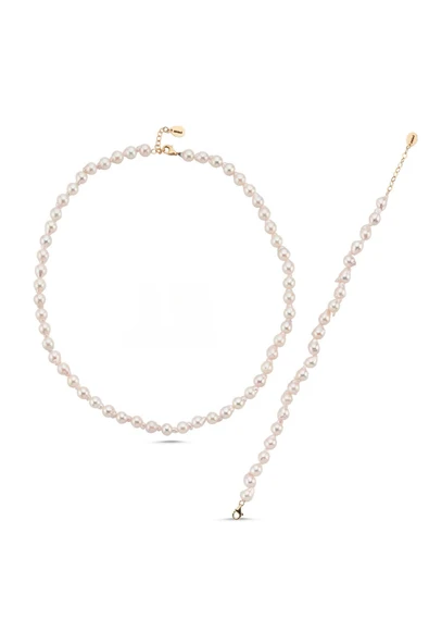Barok Doğal İnci Kadın Kolye Bileklik İkili Set - 7