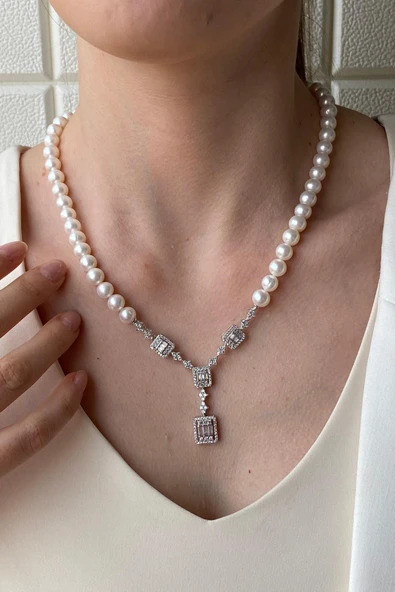 7,5 mm Kadın Baget Doğal İnci Kolye Bileklik İkili Set - 3