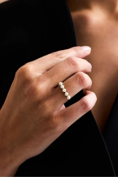 3,5 mm İnce Tırnak Beş Doğal İncili Yüzük - Resim 2