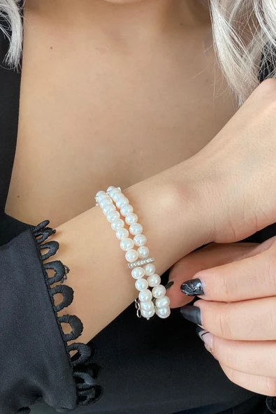 6,5 mm Çift Sıra Doğal İnci Bileklik - Resim 2