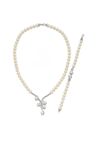 7,5 mm Kadın Zirkon Taşlı Suyolu Doğal İnci Kolye Bileklik İkili Set