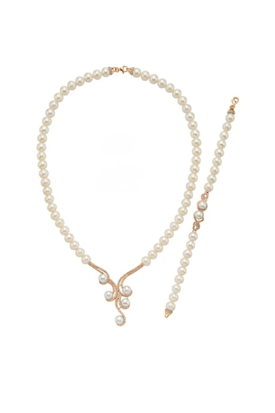 7,5 mm Kadın Zirkon Taşlı Suyolu Doğal İnci Kolye Bileklik İkili Set - 5