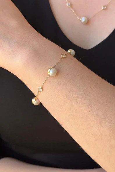 9,5 mm Doğal İncili Zirkon Taşlı Kolye Bileklik İkili Set - 5