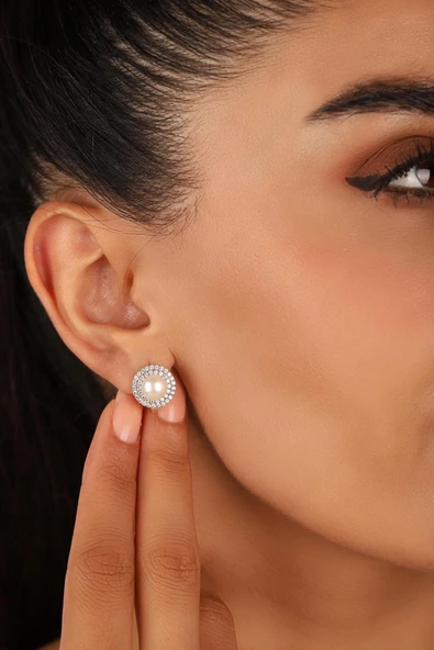 Doğal İnci Zirkon Taşlı Küpe - Resim 2