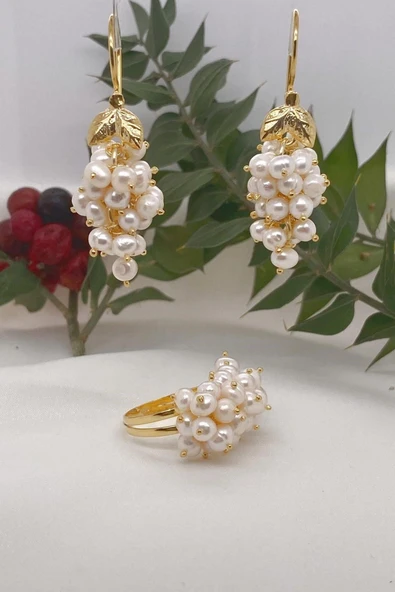 5,5 mm Üzüm Salkımı Doğal İnci Küpe Yüzük İkili Set - 3
