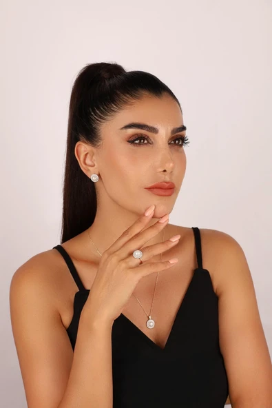 Doğal İnci Taşlı Küpe Kolye Yüzük Üçlü Set - 2