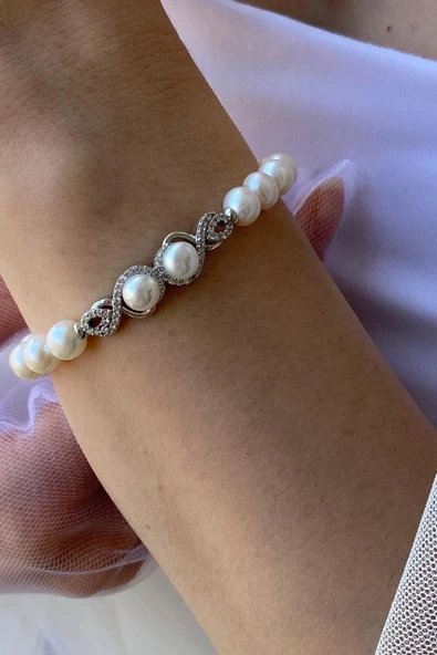 7,5 mm Kadın Zirkon Taşlı Suyolu Doğal İnci Kolye Bileklik İkili Set - 4