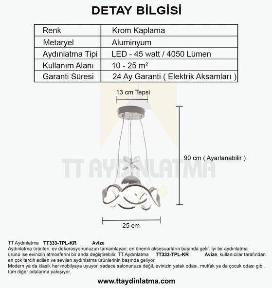 TT Aydınlatma TT333-1TPL-KR  Dalgalı Model Krom Kaplama Tek Toplu 3 Renk Modüllü Ledli Avize - Resim 4