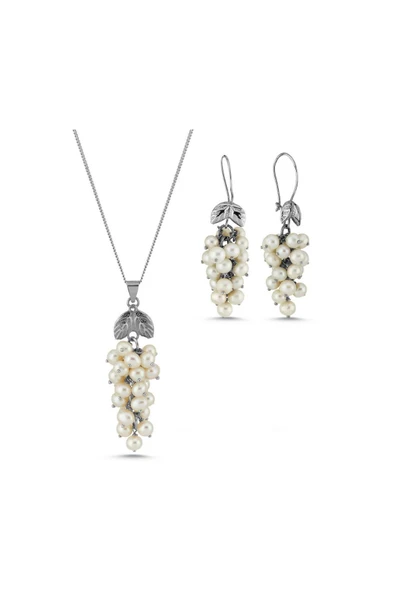4,5 mm Üzüm Salkımı Doğal İnci Küpe Kolye İkili Set - 5