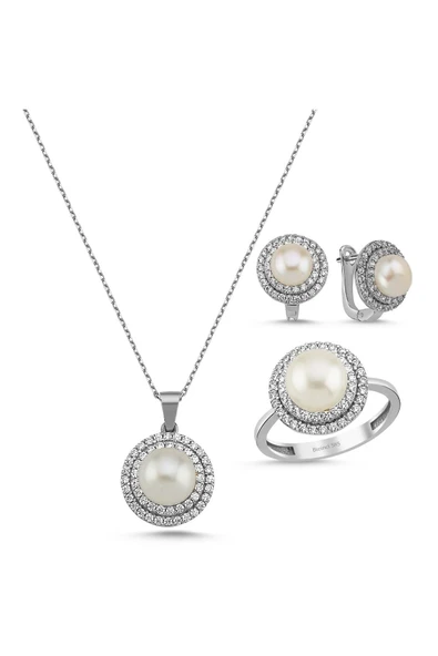 Doğal İnci Taşlı Küpe Kolye Yüzük Üçlü Set - 8