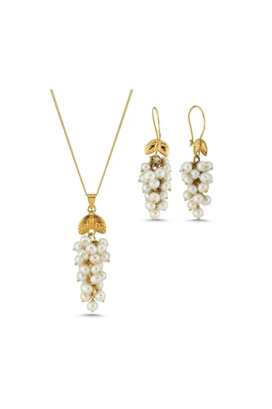 4,5 mm Üzüm Salkımı Doğal İnci Küpe Kolye İkili Set - 6