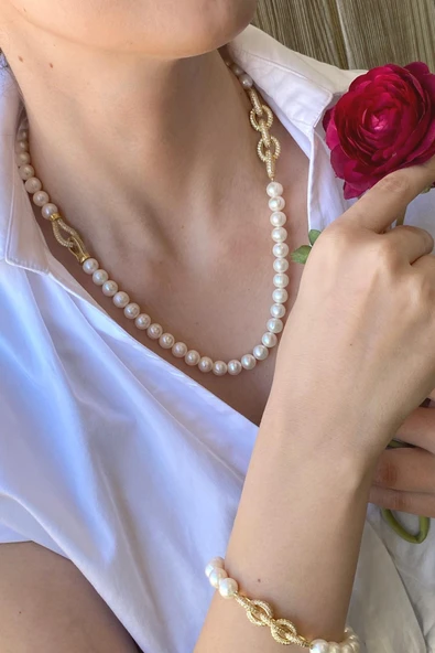 7,5 mm Zincir Detaylı Doğal İnci Kolye Bileklik İkili Set - 4