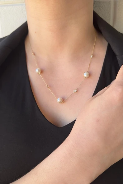 9,5 mm Doğal İncili Zirkon Taşlı Kolye Bileklik İkili Set - 4