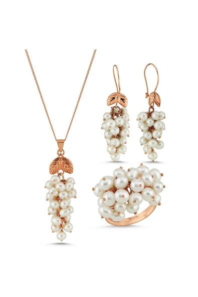 4,5 mm Üzüm Salkımı Doğal İnci Küpe Kolye Yüzük Üçlü Set - 6