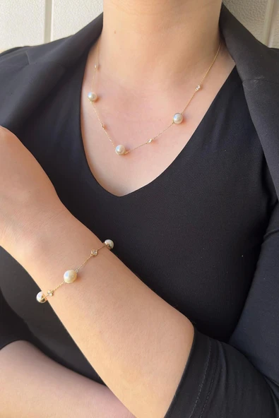 9,5 mm Doğal İncili Zirkon Taşlı Kolye Bileklik İkili Set - 2