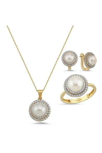 Doğal İnci Taşlı Küpe Kolye Yüzük Üçlü Set