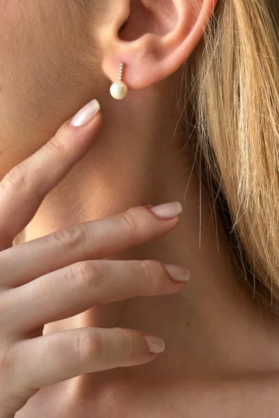 6,5 mm Zirkon Taşlı Doğal İnci Küpe ürün görseli 1