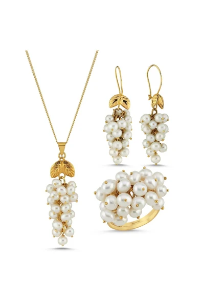 4,5 mm Üzüm Salkımı Doğal İnci Küpe Kolye Yüzük Üçlü Set - 5