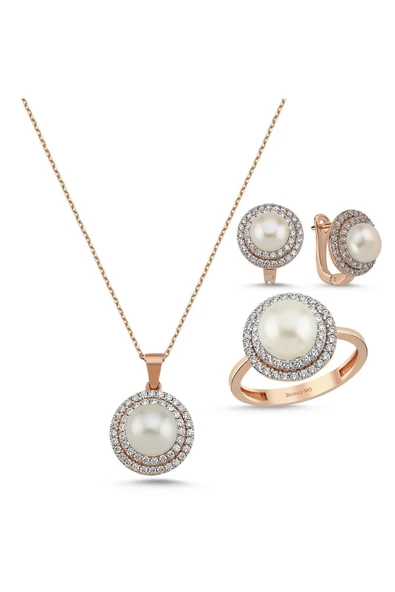 Doğal İnci Taşlı Küpe Kolye Yüzük Üçlü Set - 7