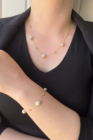 9,5 mm Doğal İncili Zirkon Taşlı Kolye Bileklik İkili Set - 3
