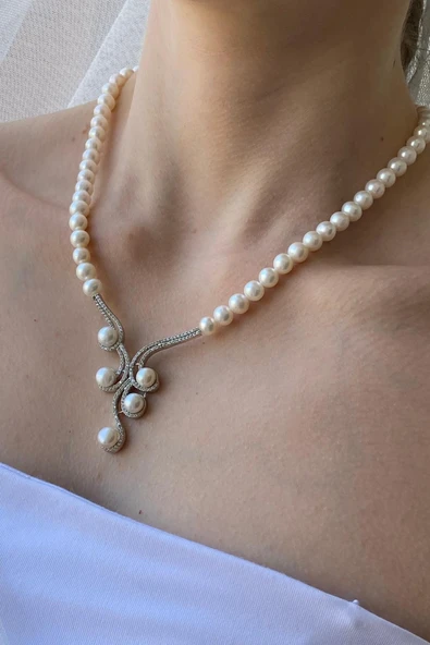 7,5 mm Kadın Zirkon Taşlı Suyolu Doğal İnci Kolye Bileklik İkili Set - 3