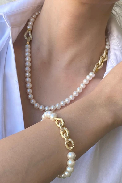 7,5 mm Zincir Detaylı Doğal İnci Kolye Bileklik İkili Set - 3