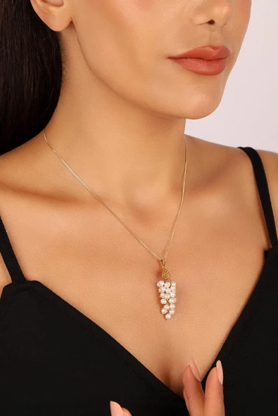 4,5 mm Üzüm Salkımı Doğal İnci Küpe Kolye Yüzük Üçlü Set - 2